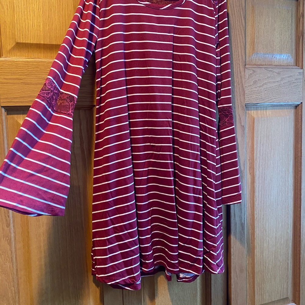 Btween Maroon striped long bell sleeves with lace on top light weight dress